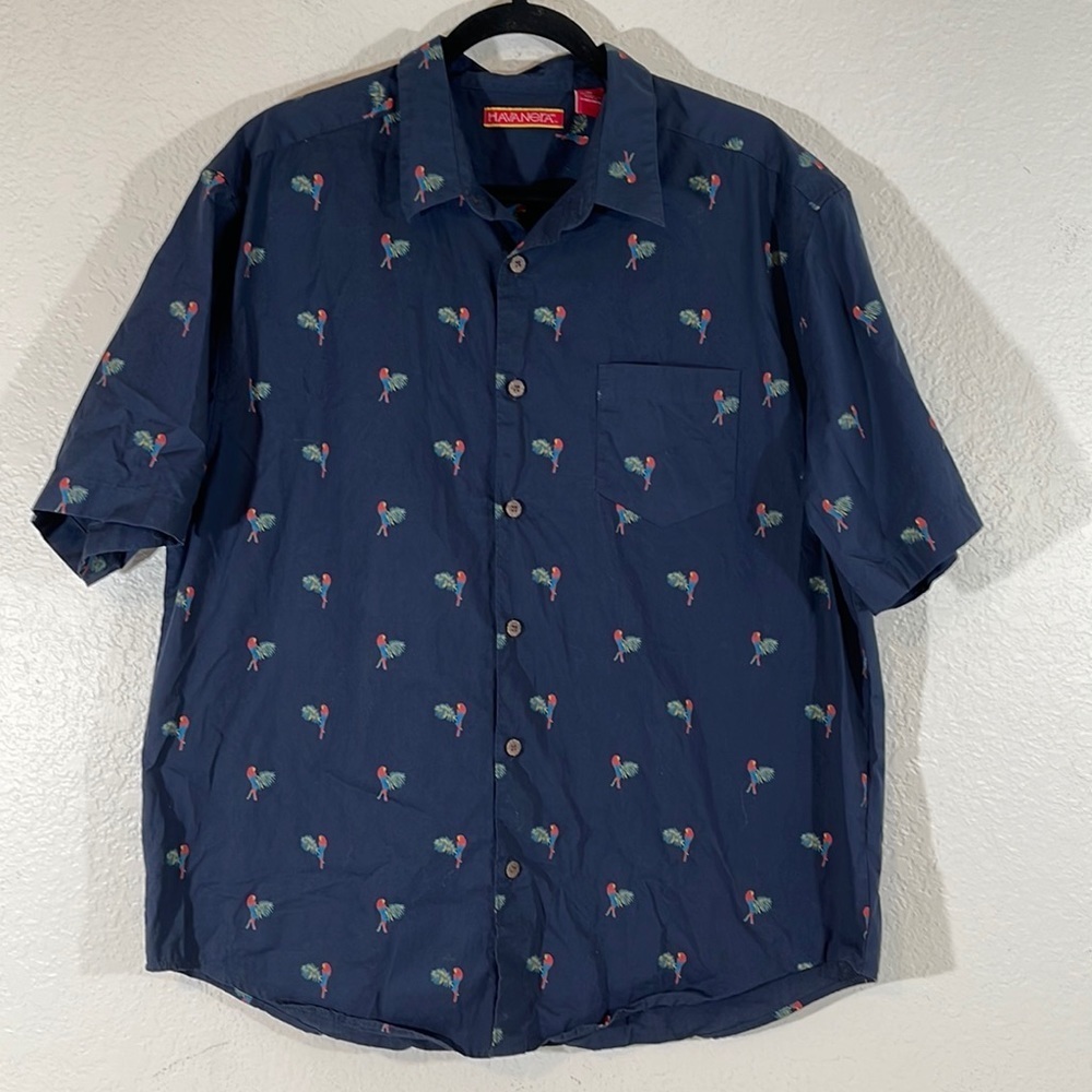 HABANERA CO. Parrots Print Short Sleeve Button Front Shirt Navy Blue Size XL